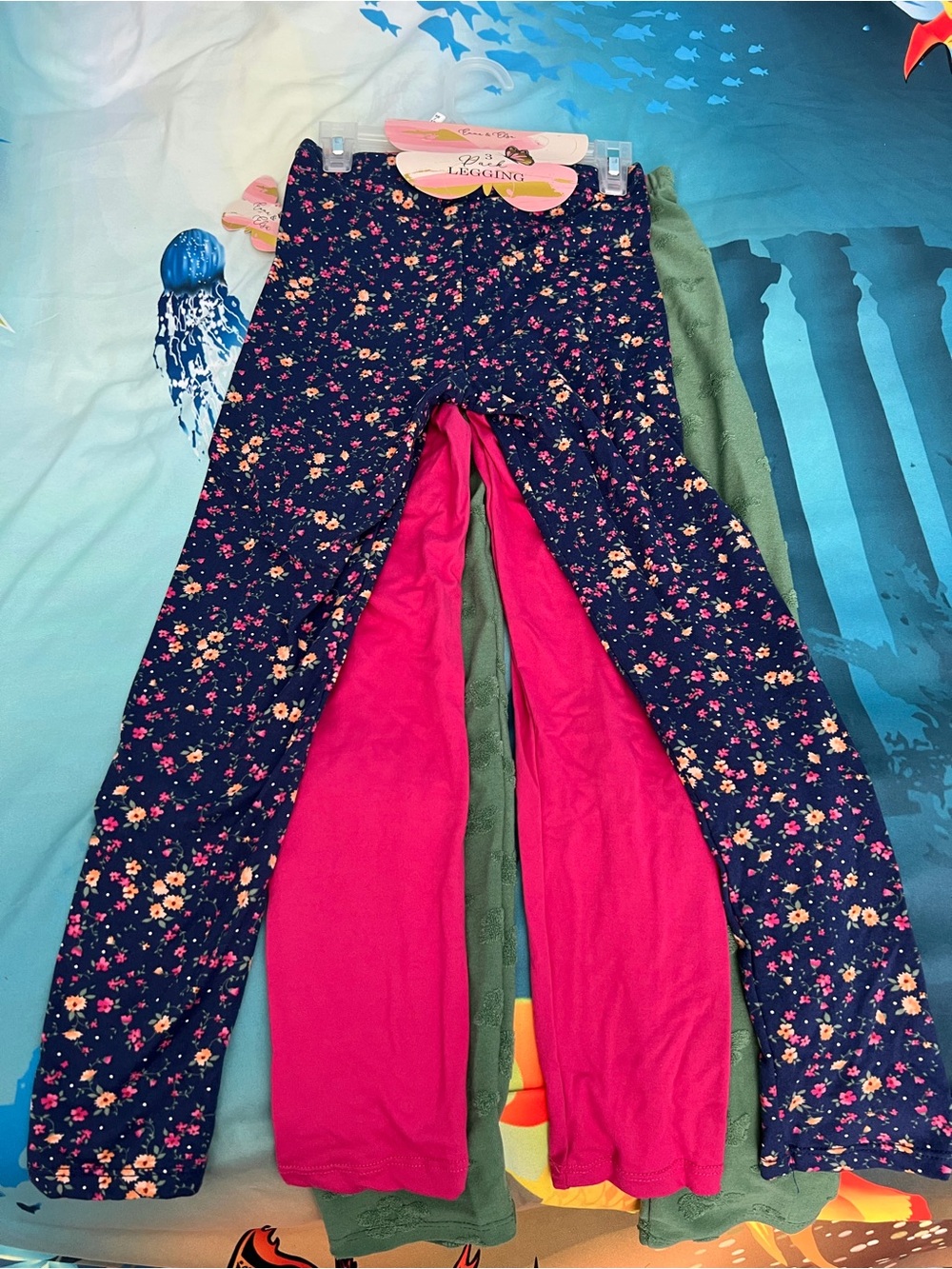 NWT Girls' Comfortable Knit Fabric Floral Pink Green Leggings 3-Pack Size 10/12